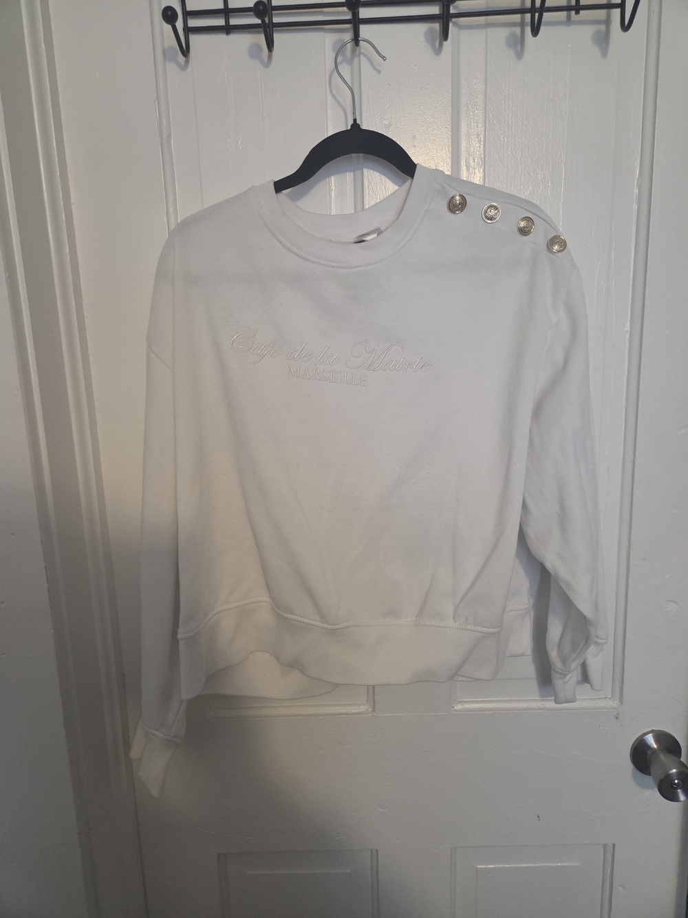 Divided White Crewneck Sweatshirt with Shoulder Buttons